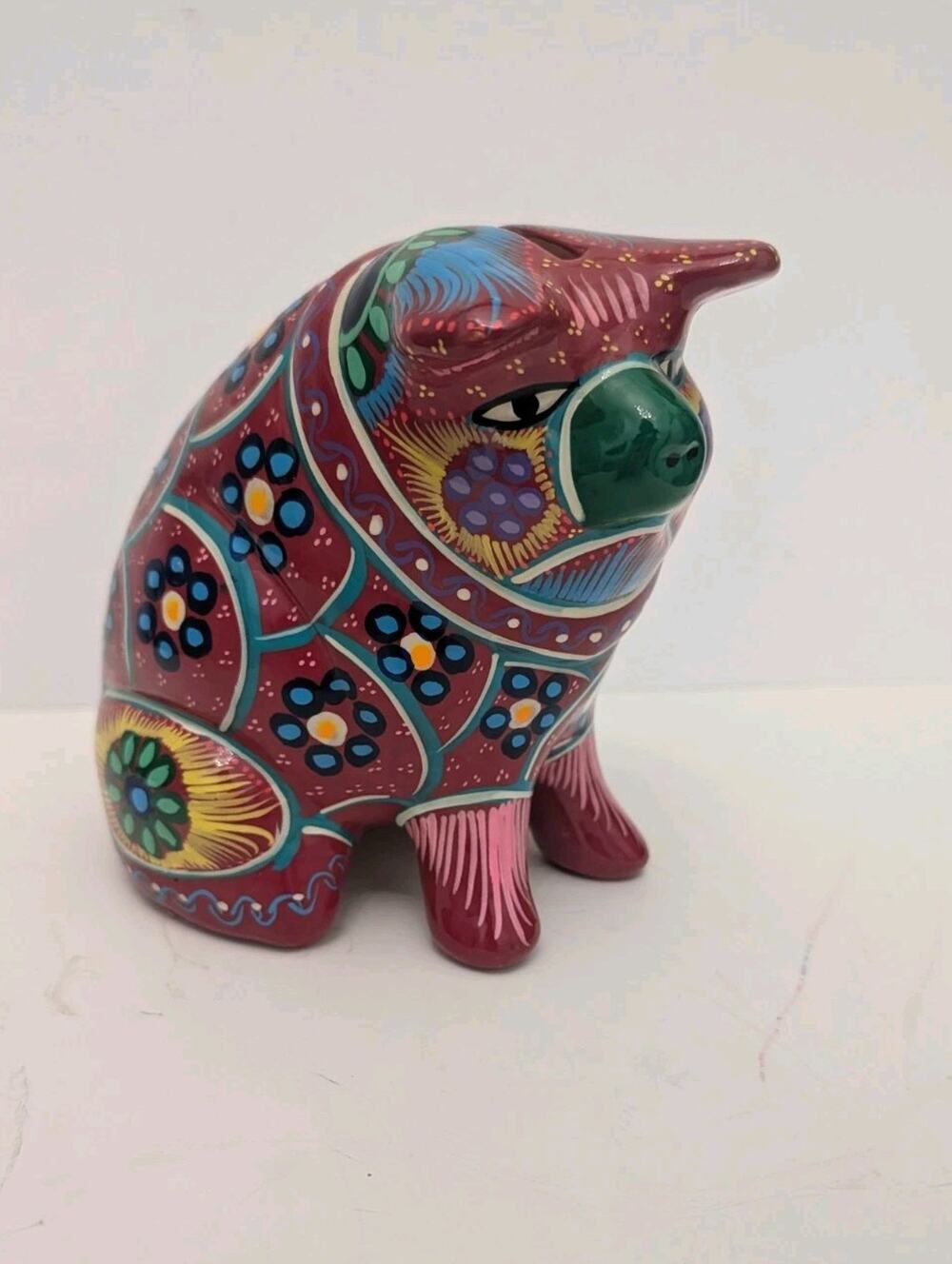 Hand Painted Ceramic Piggy Bank Talavera Full Art Sad Piggie 5.25" Vintage